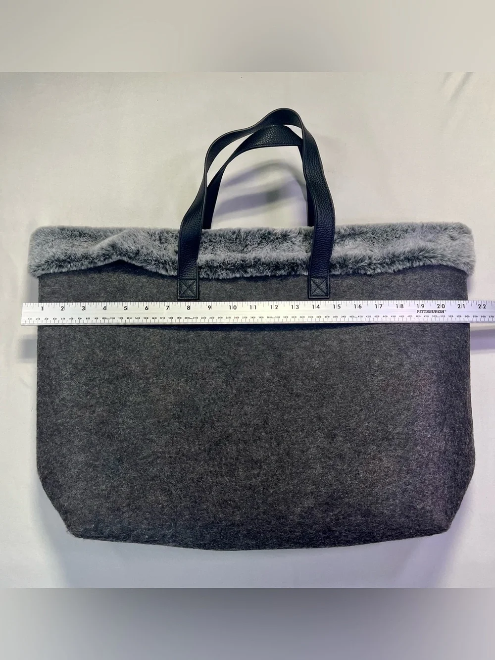 Barnes & Noble Gray Faux-Fur Trim Large Felt Tote with Black Handles